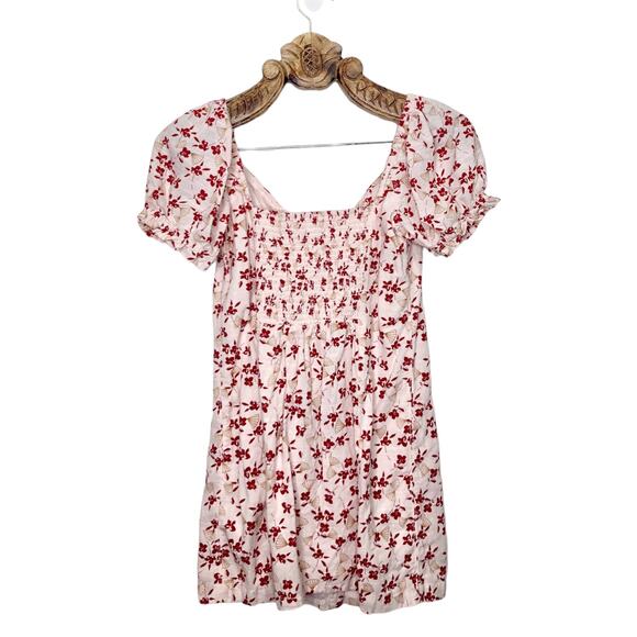 Urban Outfitters Puff Sleeve Cotton Mini Dress Fan Floral Pink Red Large - Picture 2 of 9